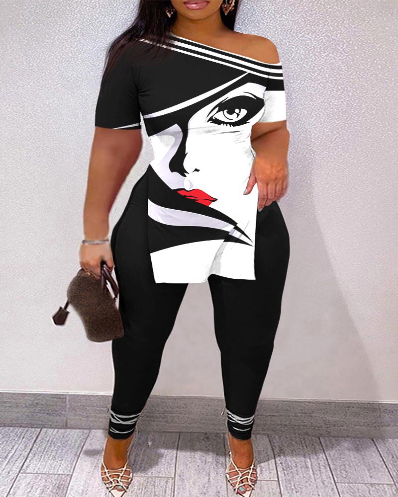 

Plus Size Abstract Figure Print Side Slit Top & Pants Set, Blackwhite