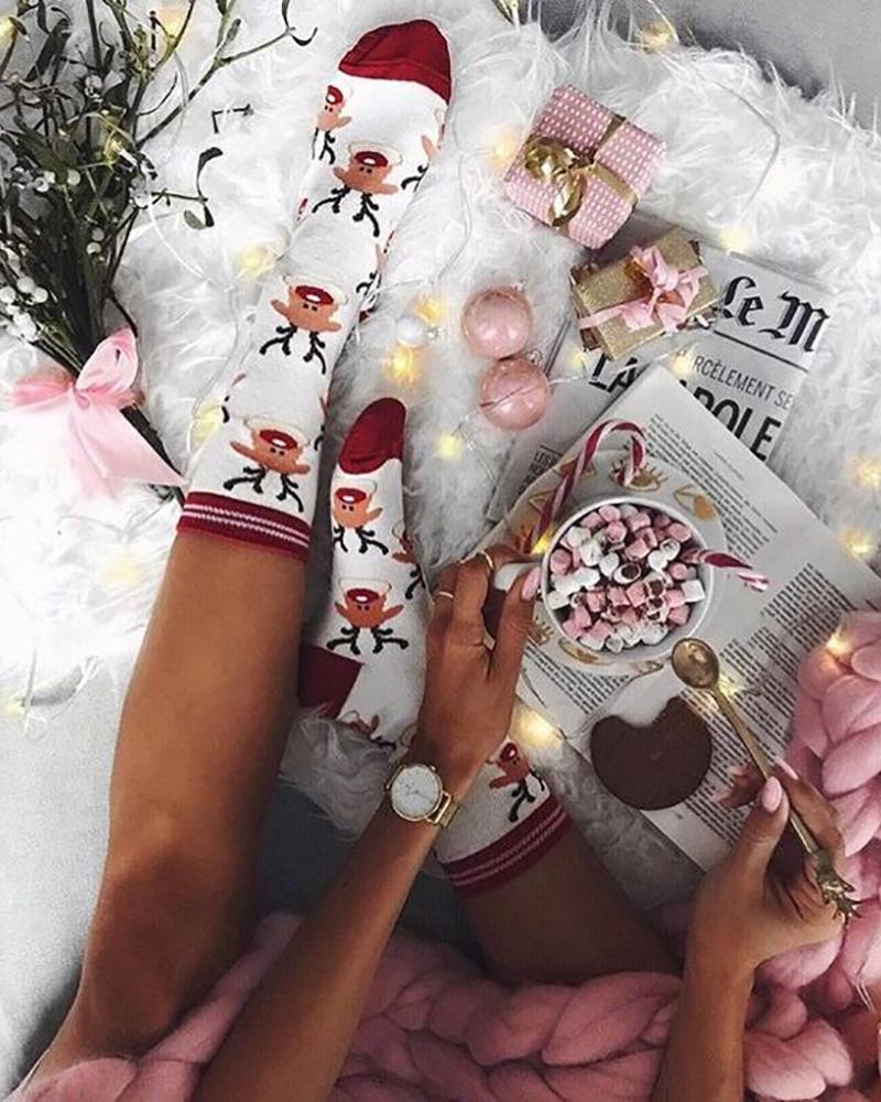 

Christmas Elk Print Colorblock Socks, White