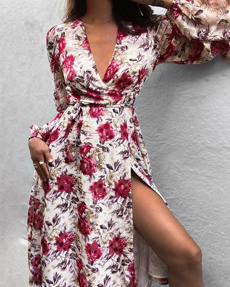 

Lantern Sleeve High Slit Floral Print Dress, Red