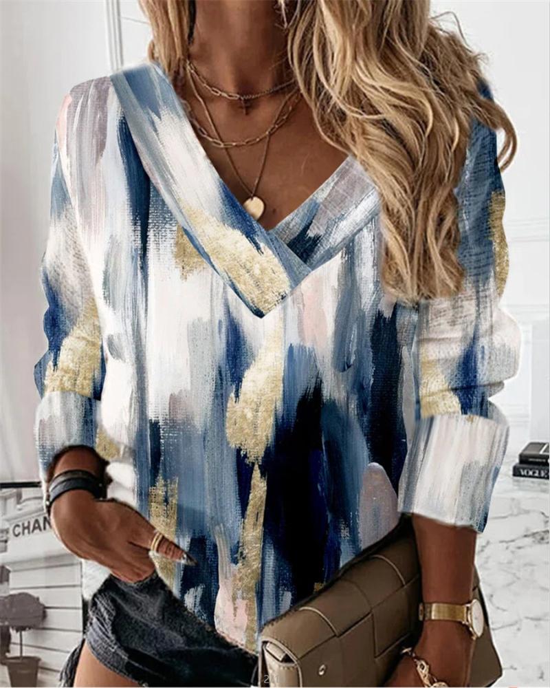 

Abstract Print Long Sleeve Top, Blue