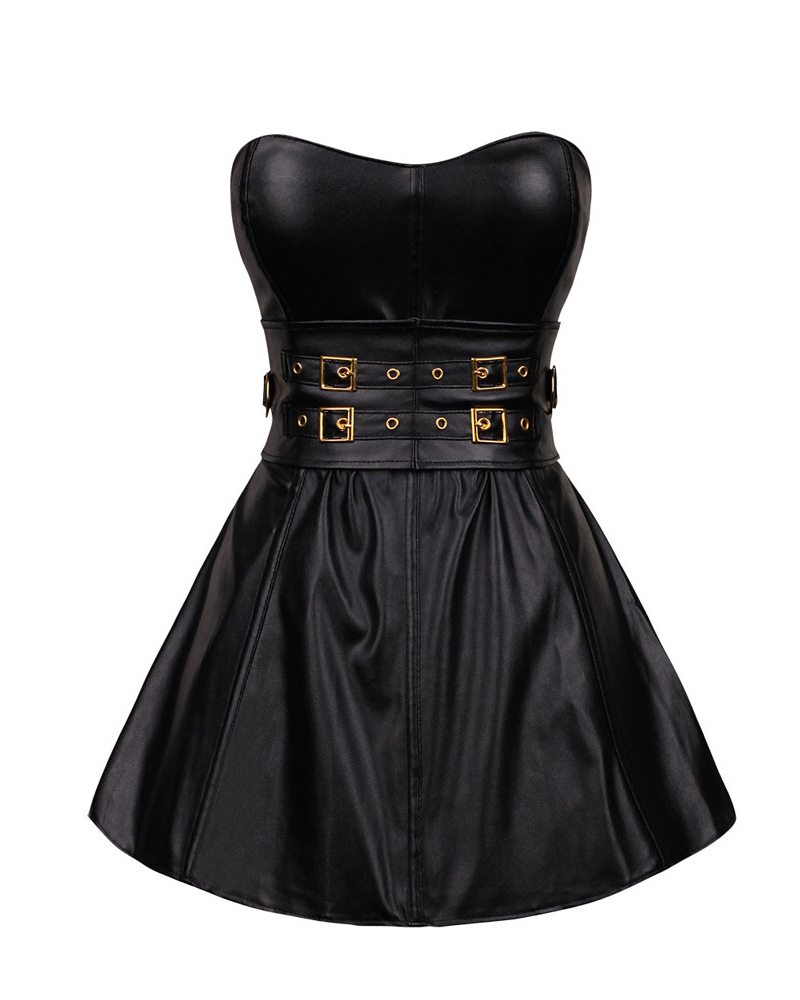 

Bandeau Eyelet Buckled PU Leather Party Dress, Black