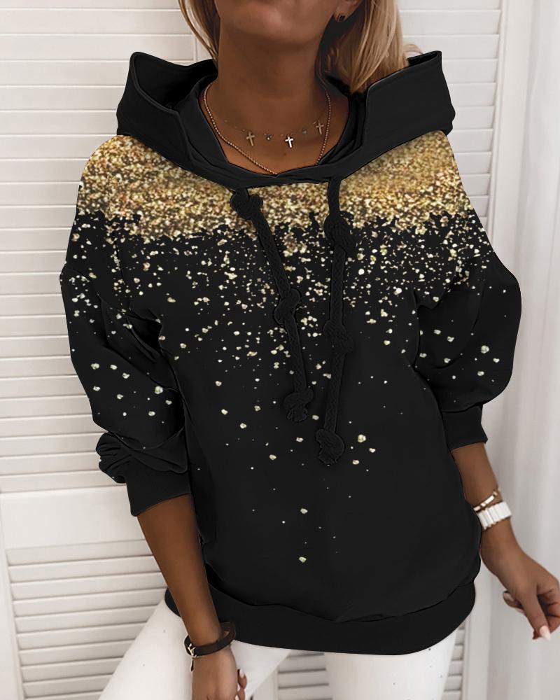 

Print Long Sleeve Drawstring Hoodie, Black