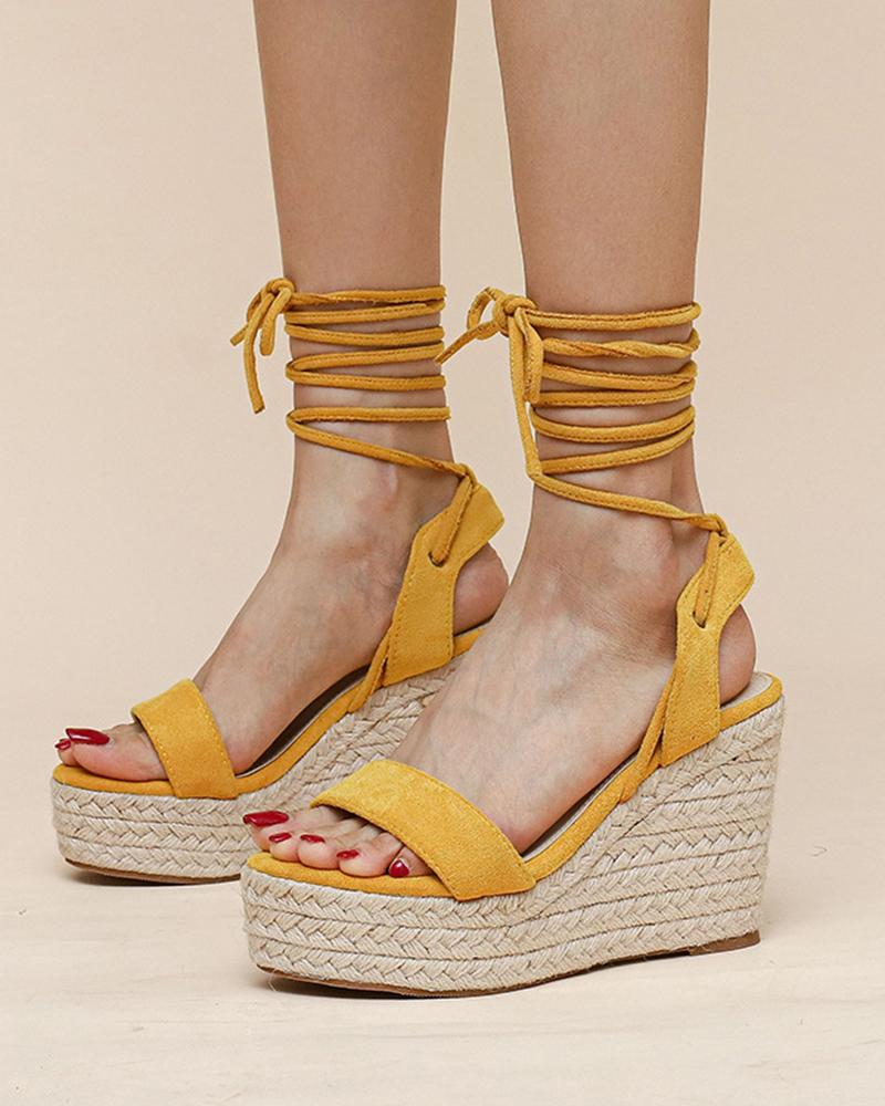 

Round-toe Solid Color Suede Leather Lace-up Wedges Shoes, Yellow