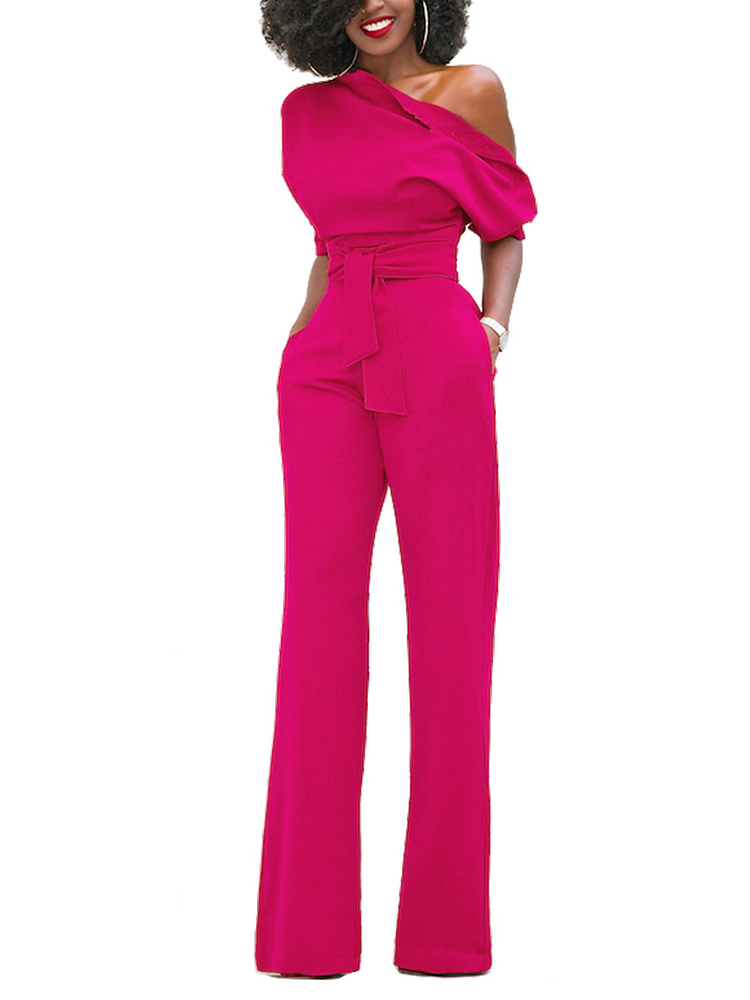 

Solid One Shoulder Tied Waist Culotte Jumpsuit, Wine red