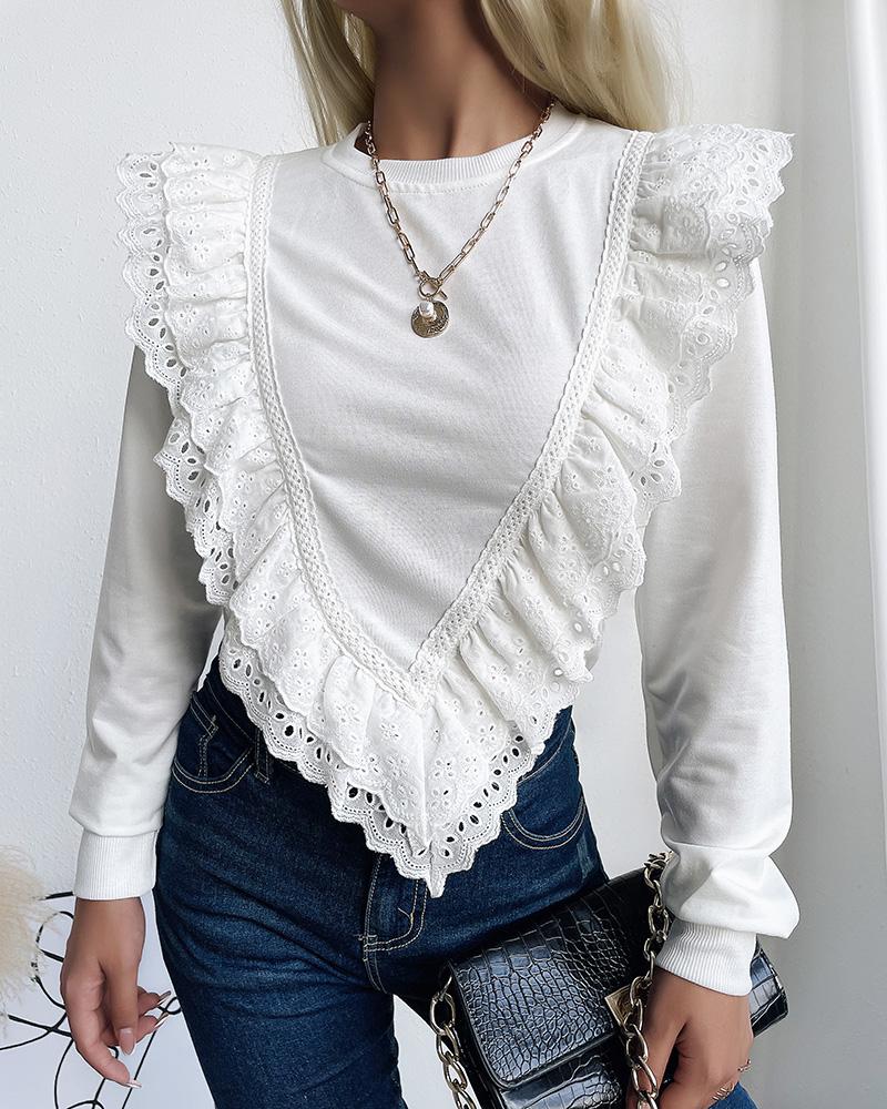 

Layered Ruffles Eyelet Embroidery Long Sleeve Top, White