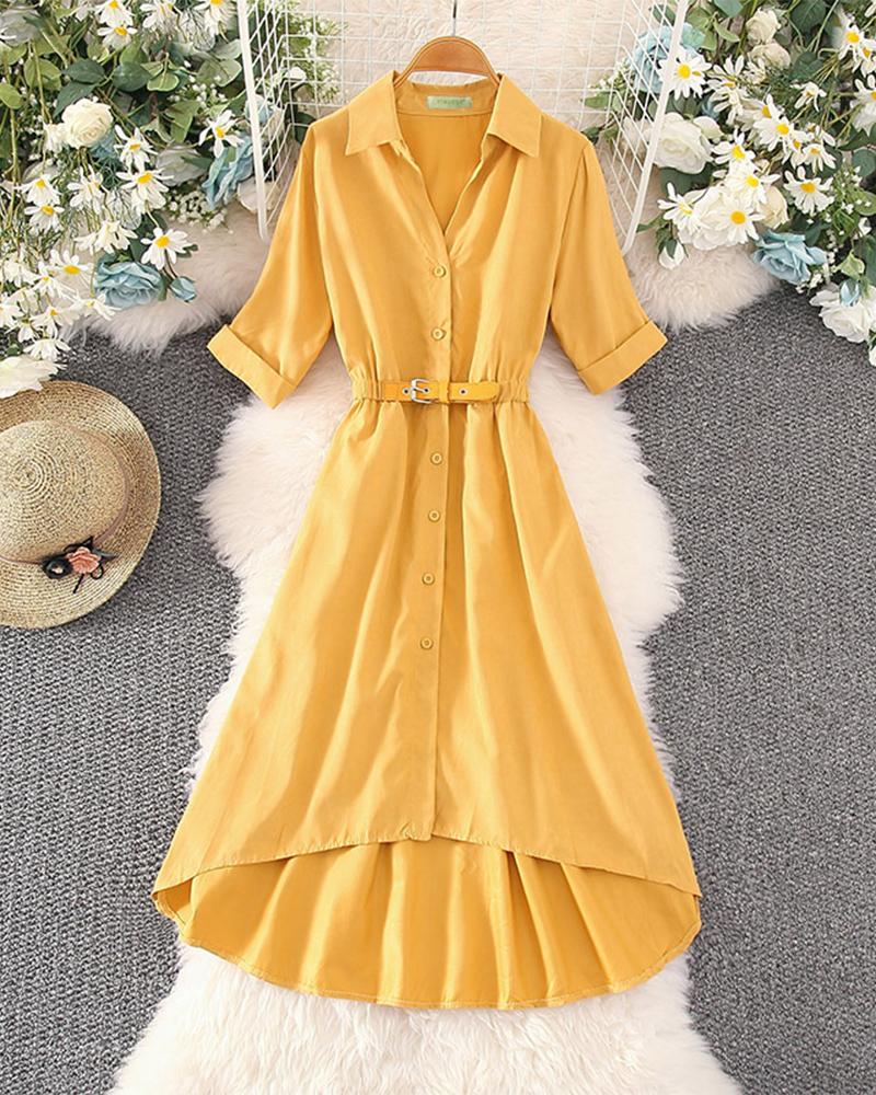 

Solid Short Sleeve Lace-UP Waist Loose Shirt Dress, Yellow