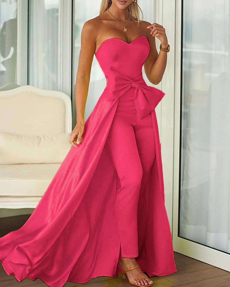 

Sleeveless Bandeau Bowknot Design Jumpsuit, Rose red