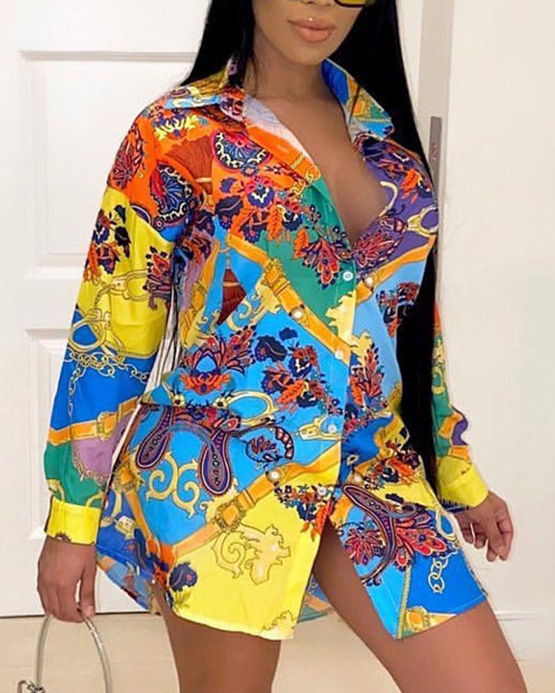 

Plus Size Baroque Scarf Print Button Down Shirt, Multicolor
