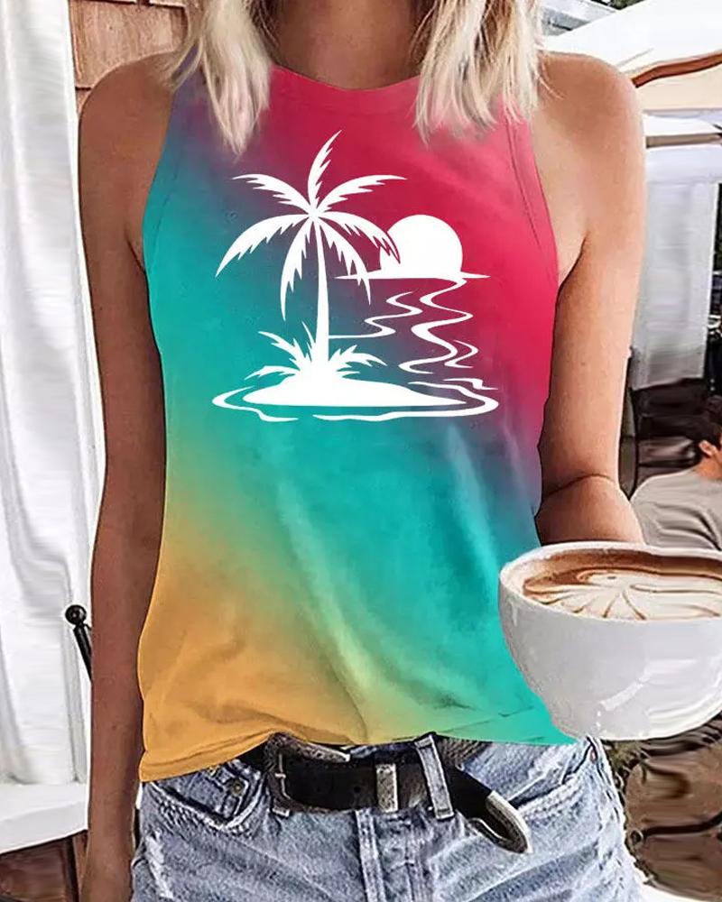 

Ombre Coconut Tree Print Sleeveless Tank Top, Multicolor