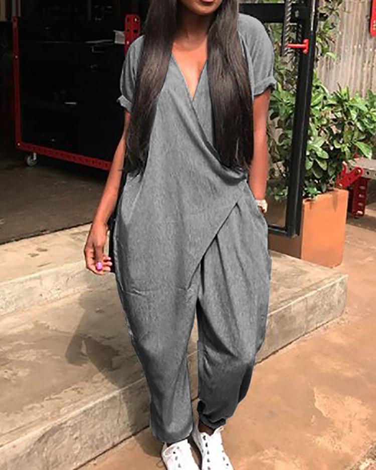 

Pocket Decor Wrapped Harem Jumpsuit, Dark grey