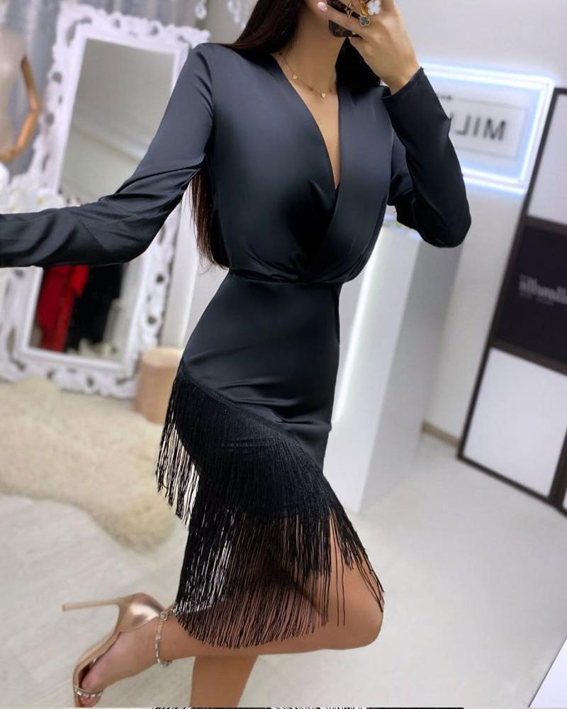 

Long Sleeve Tassel Detail Party Dress, Black