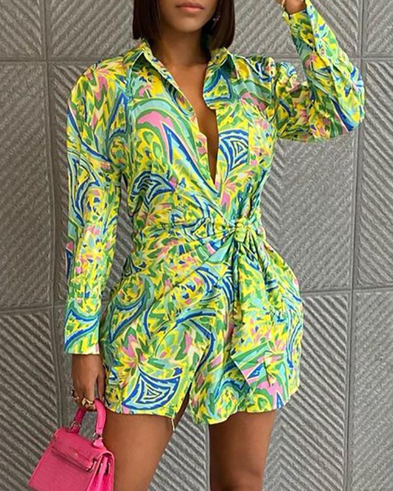 

Long Sleeve Allover Print Shirt Dress, Yellow