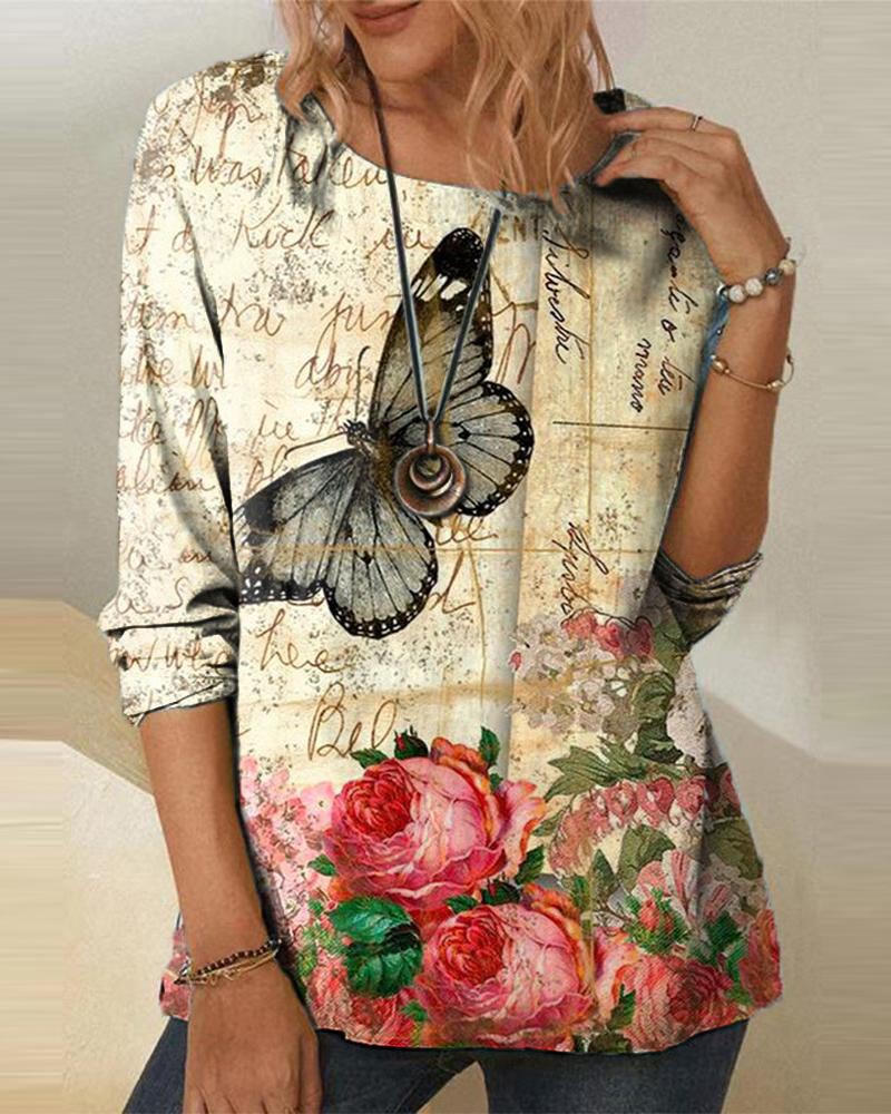 

Butterfly Floral Print Long Sleeve Casual Top, Khaki