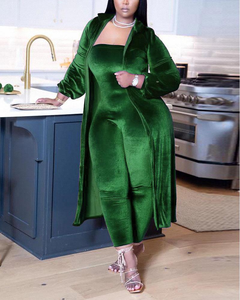 

Velvet Bandeau Jumpsuit With Longline Coat, Green