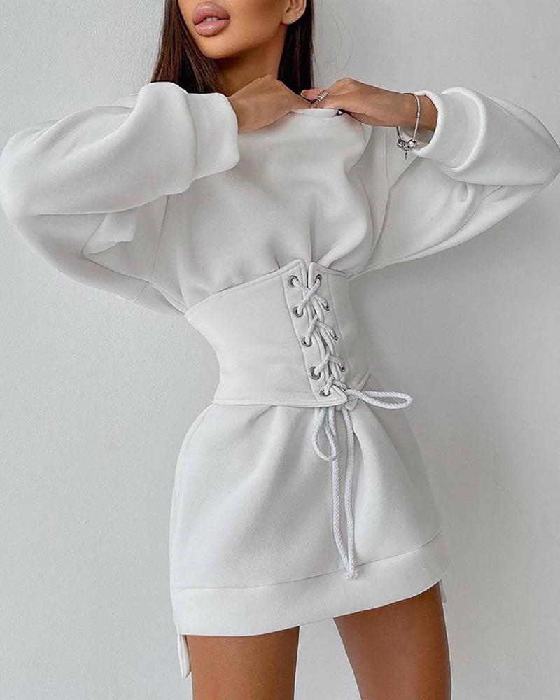 

Long Sleeve Sweatshirt Dress With Eyelet Lace-up Corset, White