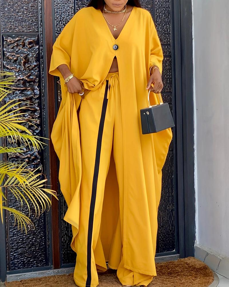 

Long Sleeve Slit Longline Top & Contrast Paneled Pants Set, Yellow