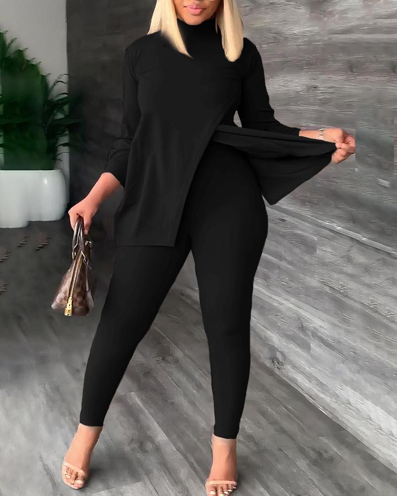 

Long Sleeve Slit Top & High Waist Pants Set, Black