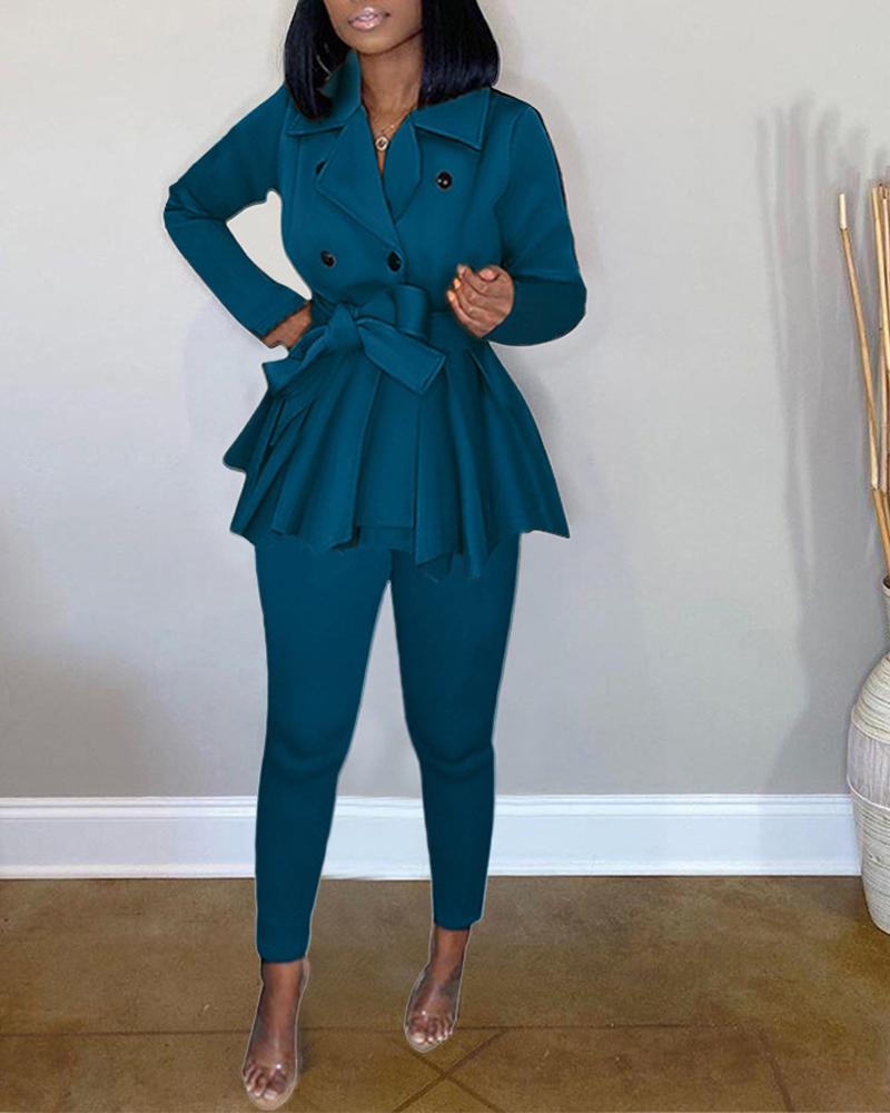 

Long Sleeve Double Breasted Belted Coat & Pants Set, Turquoise blue