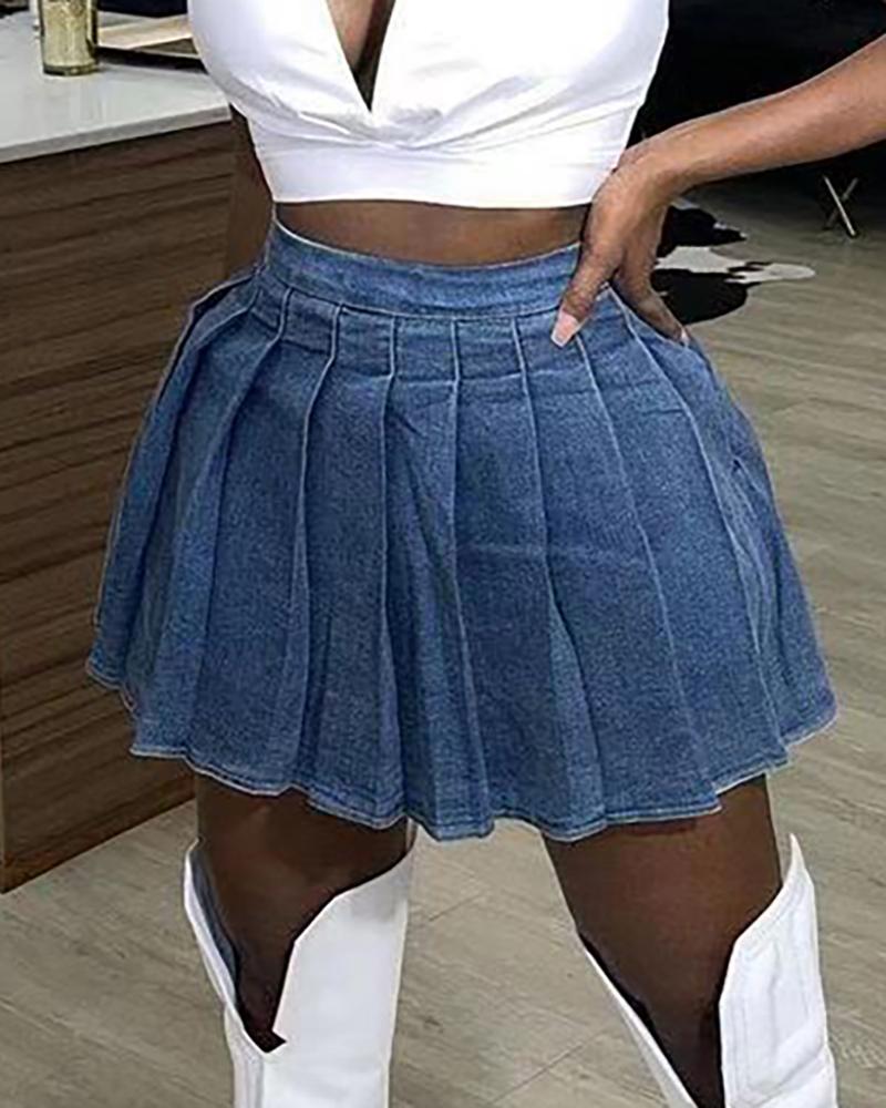 

Denim High Waist Pleated Skirt, Dark blue