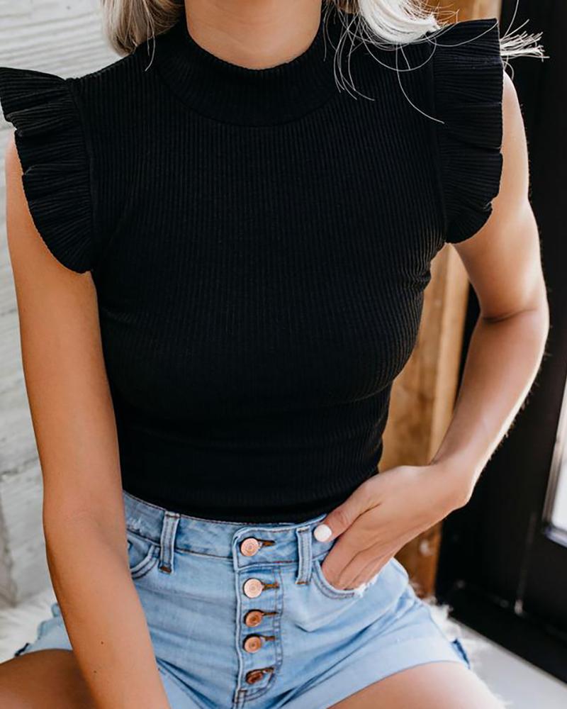

Ruffles Hem Ribbed Flutter Sleeve T-shirt, Black