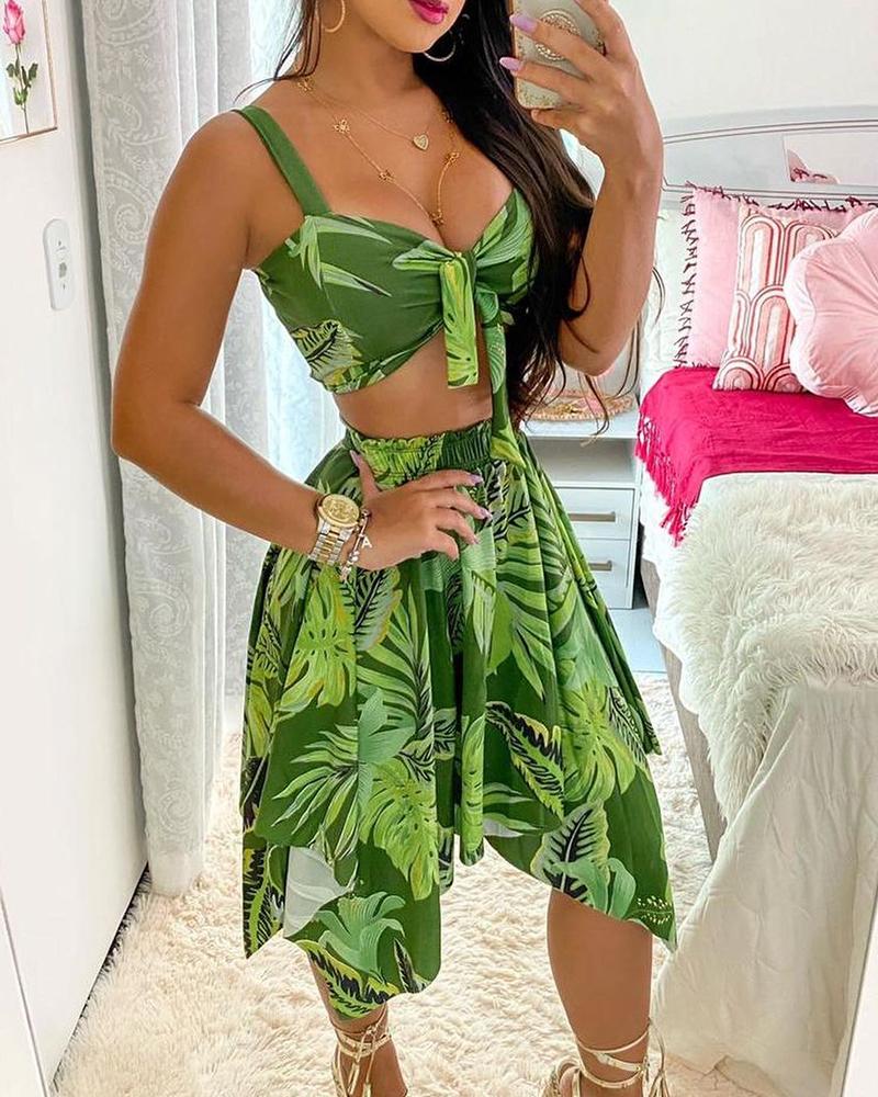 

Floral Print Strap Sleeveless Cropped Tanks With Mini Dress Suit Sets, Green