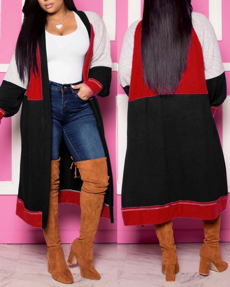 

Colorblock Lantern Sleeve Open Front Longline Coat, Red