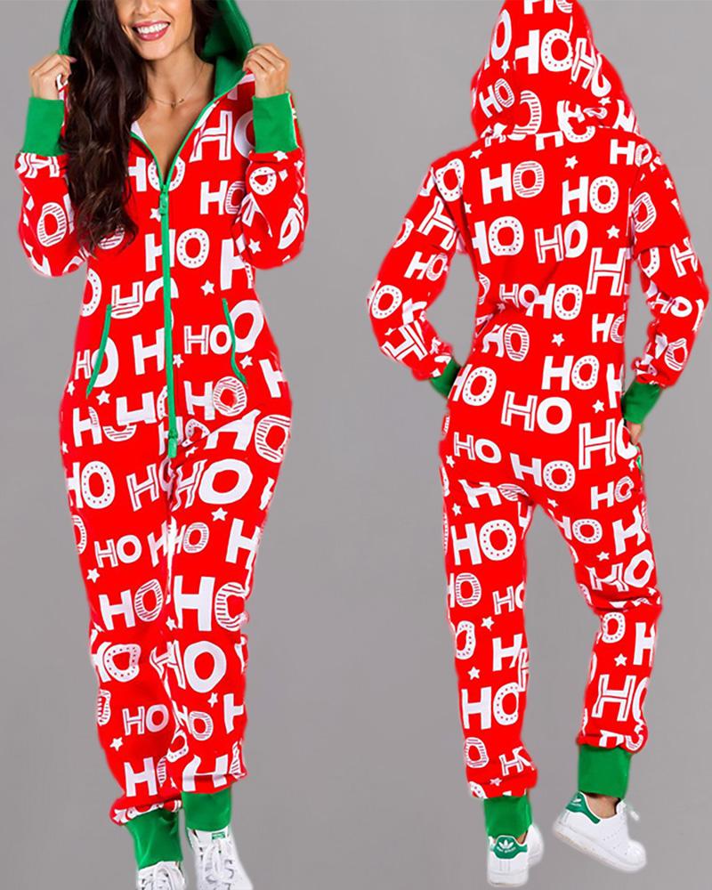 

Christmas Hooded Long Sleeve Casual Jumpsuit, Red