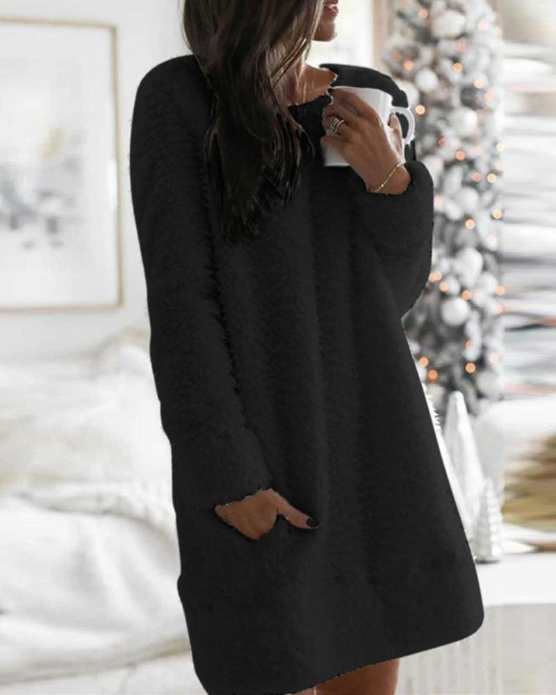 

Pocket Design Fluffy Sweater Dress, Black
