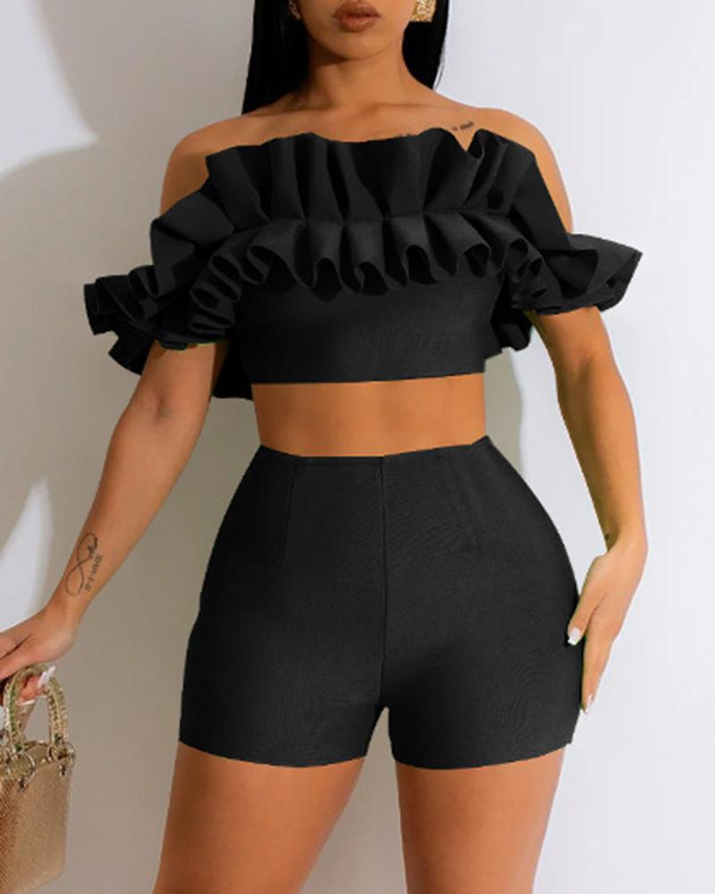

Ruffle Hem Off Shoulder Crop Top & Shorts Set, Black