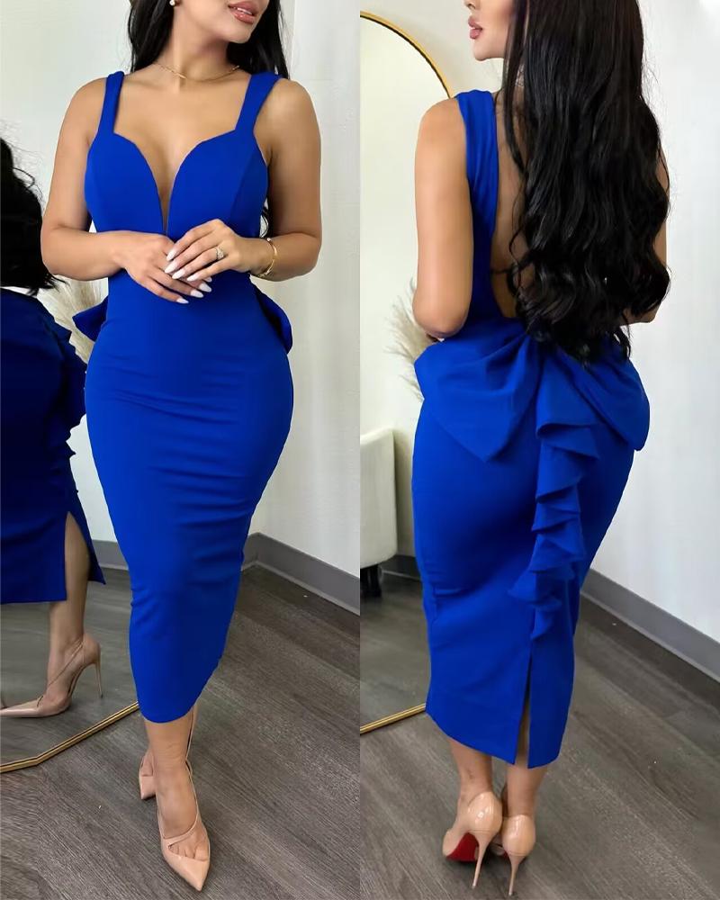 

Plunge Ruffle Hem Backless Party Dress, Blue
