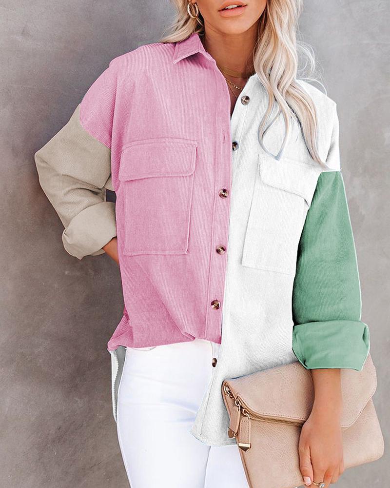 

Colorblock Pocket Button Design Long Sleeve Shirt, Pink
