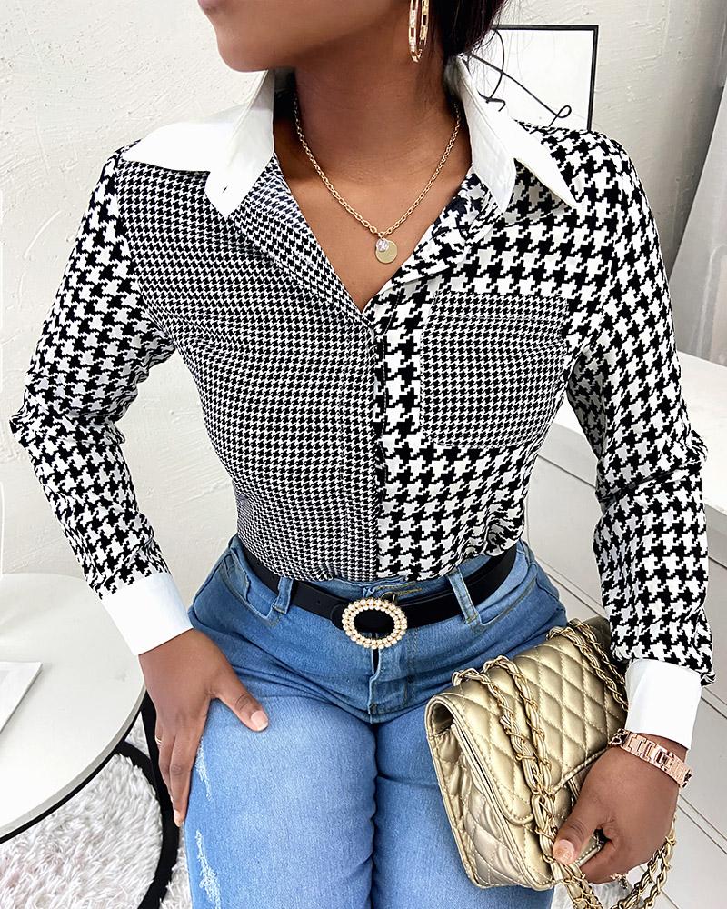 

Houndstooth Print Long Sleeve Button Up Shirt, Black