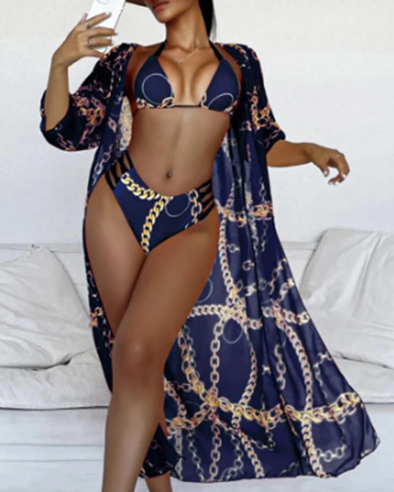 

3PCS Chain Print Halter Cutout Bikini Set With Cover Up, Blue