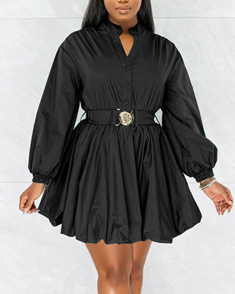

Lantern Sleeve Button Front Belted Shirt Dress, Black