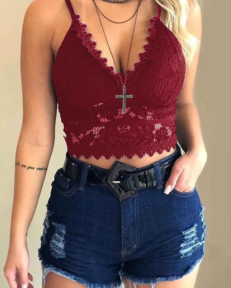 

V-Neck Crochet Lace Bralette Top, Wine red