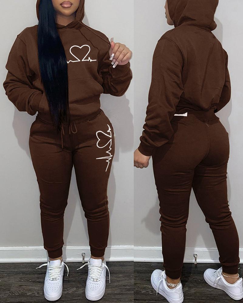 

Heart Print Pocket Design Hoodie & Pants Set, Dark brown