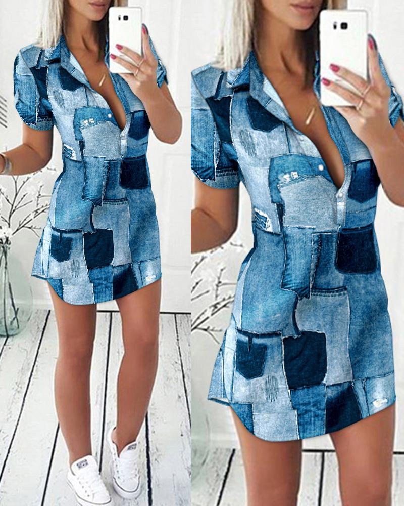 

Denim Look Print Button Front Shirt Dress, Blue