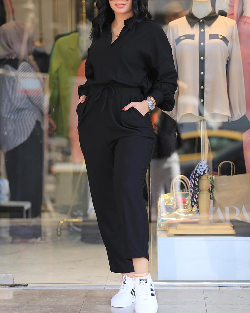 

Lantern Sleeve Top & Pocket Design Pants Set, Black