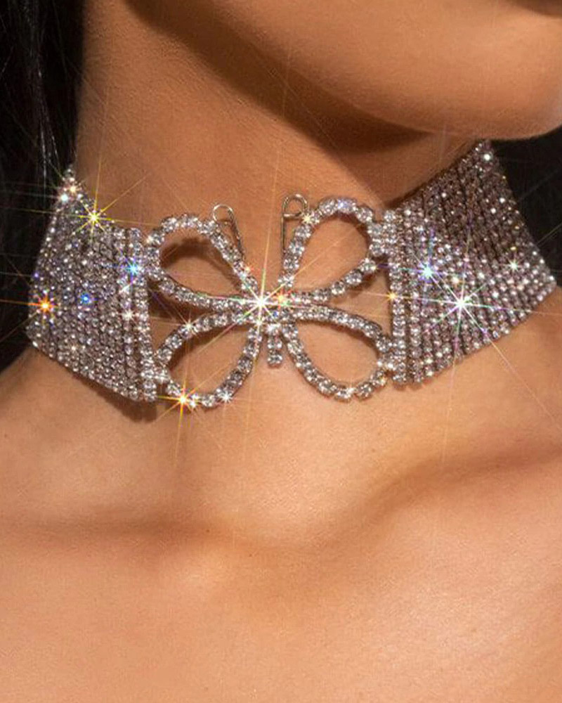 

Allover Rhinestone Butterfly Shaped Choker, Silver