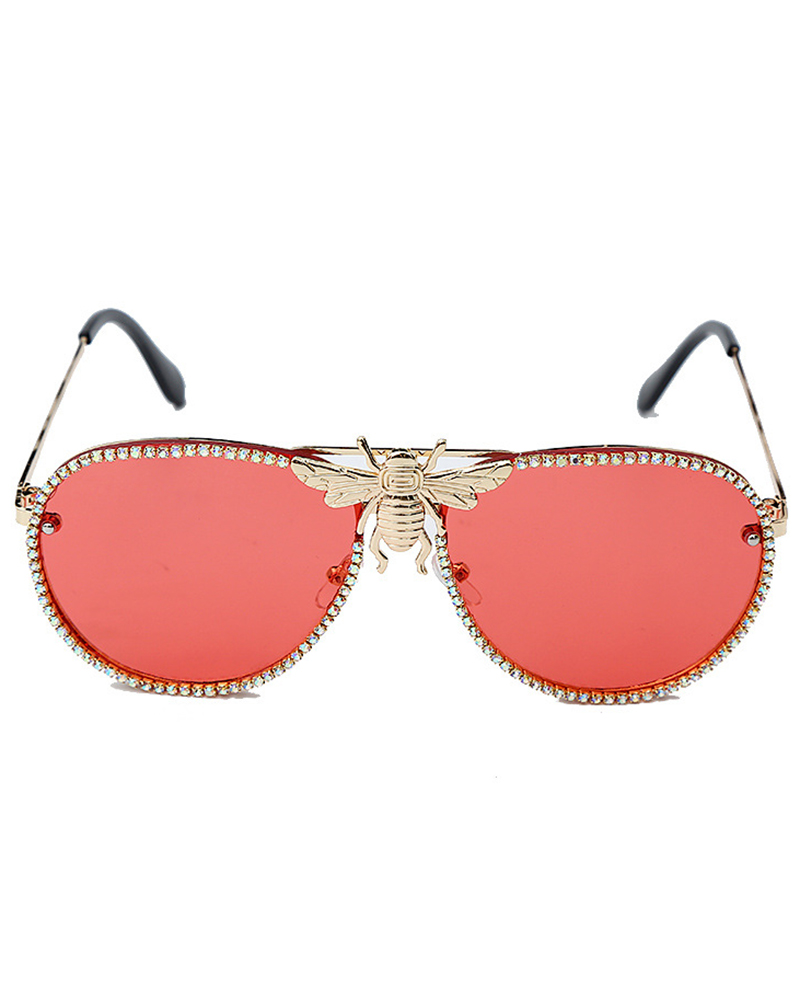 

1Pair Rhinestone Bee Pattern Trendy Pilot Sunglasses, Red