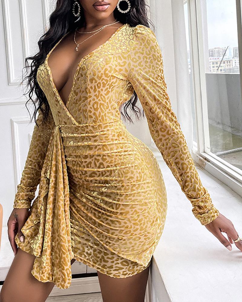 

Cheetah Pattern Ruffles Long Sleeve Backless Dress, Yellow