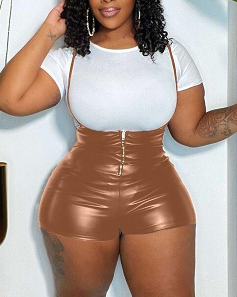 

Plain Casual Top & PU Leather Suspender Romper Set, Brown