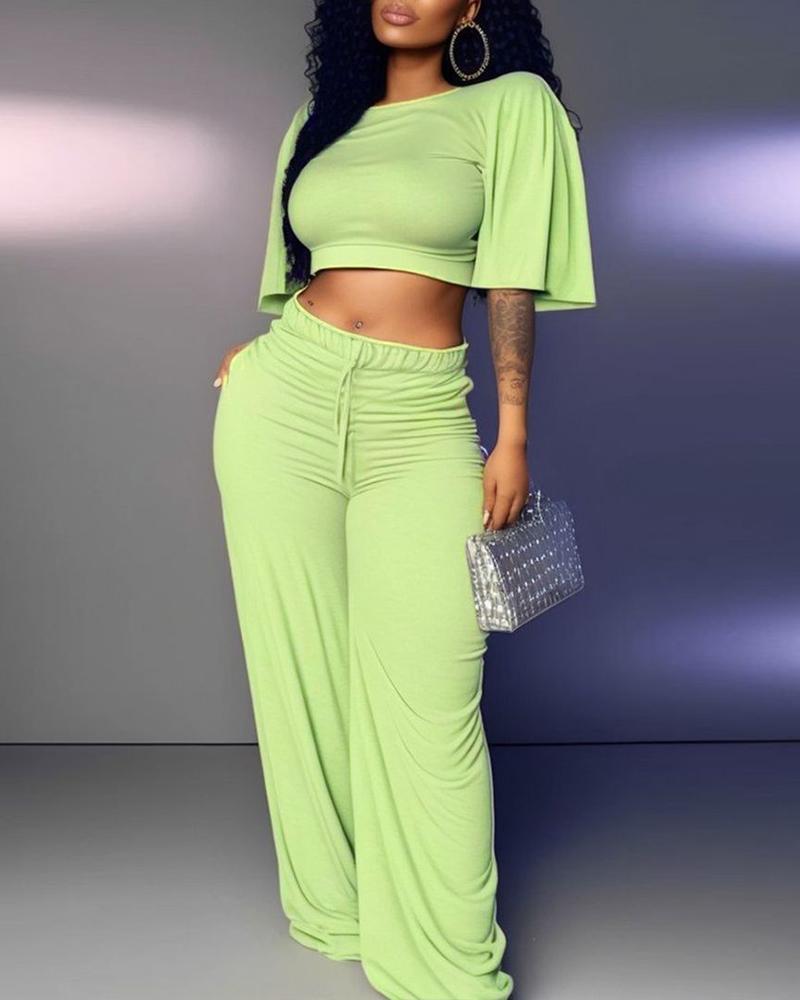 

Round Neck Crop Top & Drawstring Pants Set, Light green