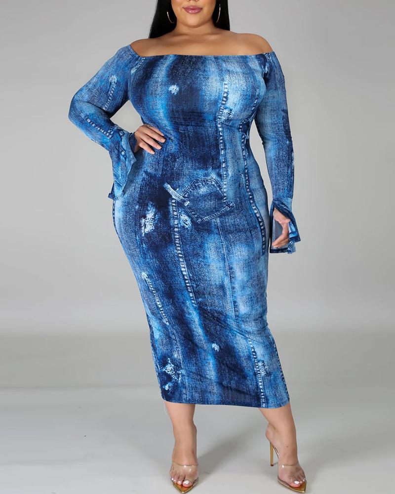 

Tie Dye Off Shoulder Split Flared Sleeve Ripped Work Dress, Blue