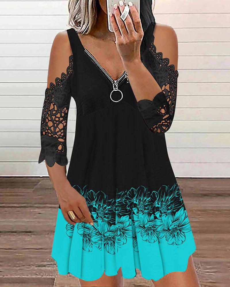 

Colorblock Floral Print Zipper Design Casual Dress, Green