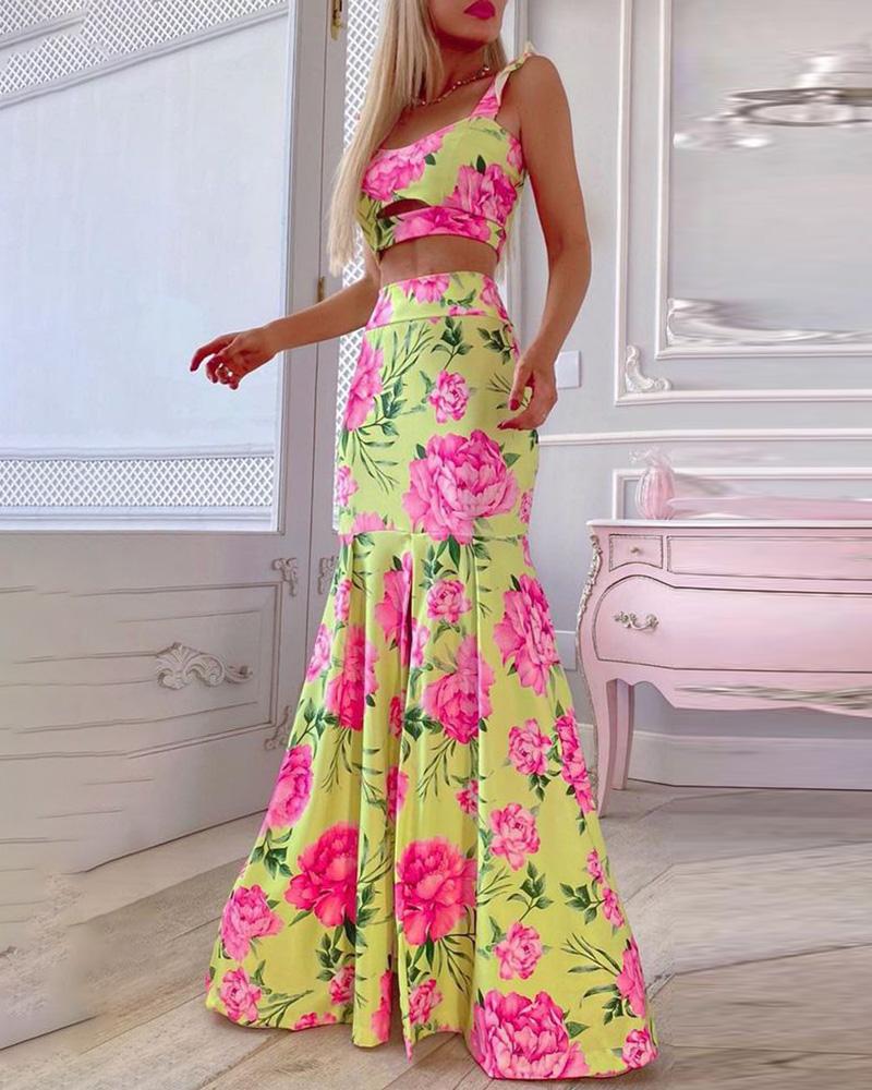 

Floral Print Crop Top & High Waist Ruched Skirt Set, Yellow