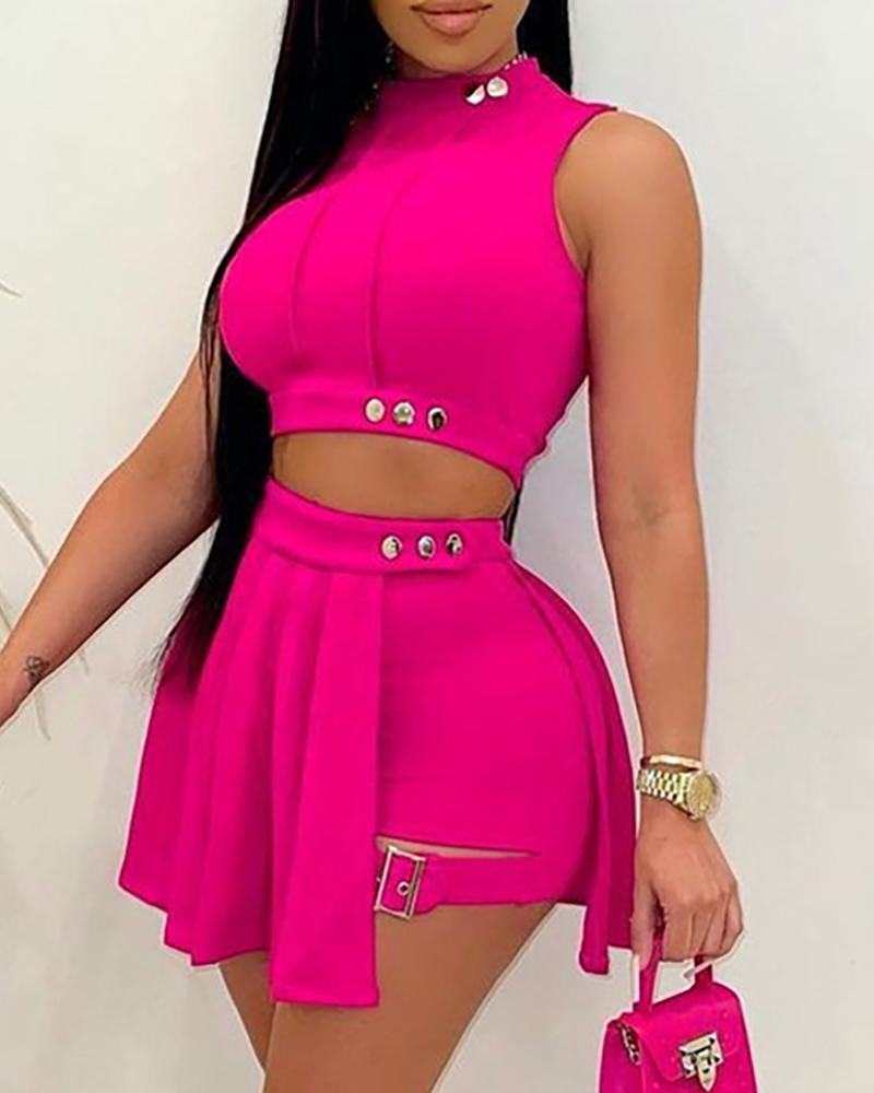 

Sleeveless Crop Top & Buckled Skorts Set, Hot pink