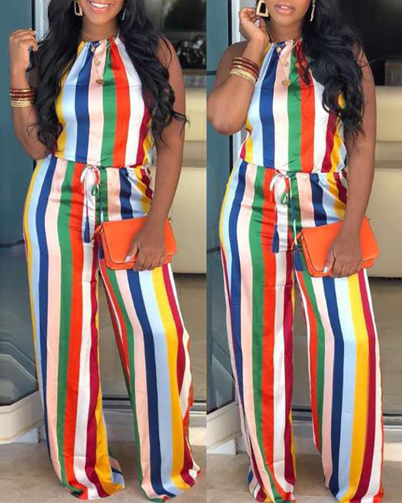 

Striped Colorblock Halter Backless Wide Leg Jumpsuit, Multicolor