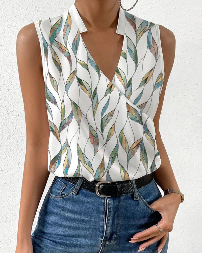 

Plants Print Notch Neck Wrap Sleeveless Blouse, White