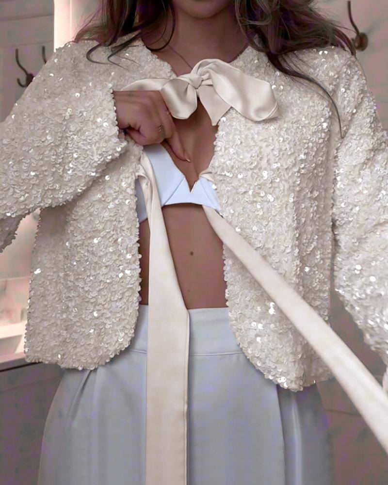 

Sequin Open Front Long Sleeve Casual Tied Detail Cardigan, Apricot